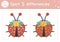 Find differences game for children. Woodland educational activity with funny ladybug. Printable worksheet with cute insect. Spring