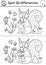 Find differences line game for kids. Black and white Autumn forest educational activity with squirrel and acorn. Printable