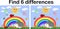 Find the differences between the pictures. Children\\\'s educational game. A hedgehog artist on a clearing with a rainbow draws on a