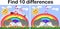 Find the differences between the pictures. Children\\\'s educational game. A hedgehog artist on a clearing with a rainbow draws on a