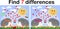 Find the differences between the pictures. Children\\\'s educational game. A hedgehog artist on a clearing with a rainbow draws on a