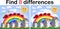 Find the differences between the pictures. Children\\\'s educational game. A hedgehog artist on a clearing with a rainbow draws on a