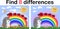 Find the differences between the pictures. Children\\\'s educational game. A hedgehog artist on a clearing with a rainbow draws on a