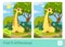 Find five differences quiz children game with image of a giraffe eating a flower who sits in a woodland. Wild animals, mammals and