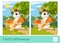 Find five differences quiz learning children game with cute bunny in a hat picking carrots in a basket in a wood