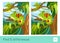 Find five differences quiz learning children game with image of a chameleon sitting on the tree in rainforest.