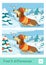 Find five differences quiz learning children game with image of a dog in hat and sweater sitting in snow near the spruce