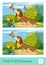 Find five differences quiz learning children game with image of a dog playing with butterflies on a meadow. Colorful image of pets