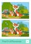 Find five differences quiz learning children game with image of a mother fox and two baby foxes sitting under the bush