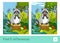 Find five differences quiz learning children game with a raccoon eating an apple sitting on a stump in a wood