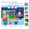 Find hidden fragments. Game for children. Vector color illustration. Cartoon characters in market. Cute boy and dog buy