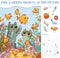 Find hidden objects. Cats looking at fish in an aquarium