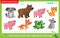 Find and mark two identical animals. Puzzle for kids. Matching game, education game for children. Bear, fox, pig, dog, frog, mouse