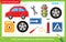 Find and mark two identical items. Puzzle for kids. Matching game, education game for children. Color image of car wheel and pump