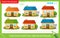 Find and mark two identical items. Puzzle for kids. Matching game, education game for children. Color images of brick houses.