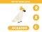 Find missing letter with cartoon cockatoo. Spelling worksheet