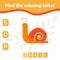 Find the missing letter. Educational spelling game for kids. Colorful snail.