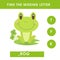 Find the missing letter. English grammar game for preschoolers. Spelling worksheet for kids with cute green frog.