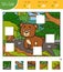 Find the missing pieces, jigsaw puzzle game. Cut and glue squares. Bear and forest background