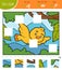 Find the missing pieces, jigsaw puzzle game. Cut and glue squares. Bird and forest background