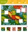 Find the missing pieces, jigsaw puzzle game. Cut and glue squares. Parrot and tropical background