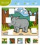 Find the missing pieces, jigsaw puzzle game. Cut and glue squares. Rhino and african background