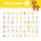 Find number. Education developing worksheet. Activity page with pictures. Game for children. Color isolated vector illustration.