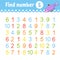 Find number. Education developing worksheet. Activity page with pictures. Game for children. Color isolated vector illustration.