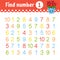 Find number. Education developing worksheet. Activity page with pictures. Game for children. Isolated vector illustration. Funny
