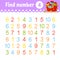 Find number. Education developing worksheet. Activity page with pictures. Game for children. Isolated vector illustration. Funny