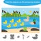 Find the objects by shadow, game for children pond with ducks in cartoon style, education game for kids, preschool worksheet