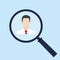 Find person icon. Human resources and recruitment symbol. HR looking for worker with magnifying glass. Customer target concept