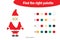 Find the right palette to the picture, Santa Claus in cartoon style, christmas education paper game for the development of