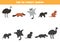 Find shadows of cute Australian animals. Educational logical game for kids. Printable worksheet for preschoolers.