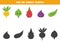 Find shadows of cute kawaii fruits and vegetables. Educational logical game for kids.