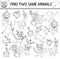 Find two same animals. Holiday black and white matching activity for children. Funny educational outline Birthday logical quiz