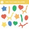 Find two same balloons. Holiday matching activity for children. Funny educational Birthday party logical quiz worksheet for kids.