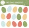 Find two same colored eggs. Easter matching activity for preschool children. Funny spring game for kids.