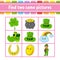 Find two same pictures. Task for kids. St. Patrick`s day. Education developing worksheet. Activity page. Color game for children.