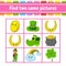 Find two same pictures. Task for kids. St. Patrick`s day. Education developing worksheet. Activity page. Color game for children.