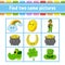 Find two same pictures. Task for kids. St. Patrick`s day. Education developing worksheet. Activity page. Color game for children.