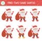 Find two same Santas. Christmas matching activity for children. Funny educational winter logical quiz worksheet for kids. Simple