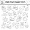 Find two same toys. Black and white Christmas matching activity for children. Funny educational winter logical quiz worksheet for