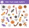 Find two same trick or treat sweets. Halloween matching activity for children. Funny educational autumn logical quiz worksheet for