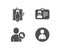 Find user, Identification card and Elevator icons. Avatar sign. Search person, Person document, Lift.