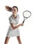 Find your greatness. Studio shot of a female tennis player holding a racket against a white background.