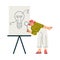 Finding Brilliant Idea with Woman Character at Whiteboard with Lightbulb Hold Magnifier Vector Illustration