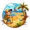 Finding Geocaching treasures on the beach among the palm trees. Navigation by compass or GPS device. Cartoon vector illustration.