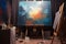 Fine art creation Painting studio interior, blank canvas, artist at work