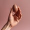 Fine Art Egg Photography: Hand Holding Brown Egg On Pink Background